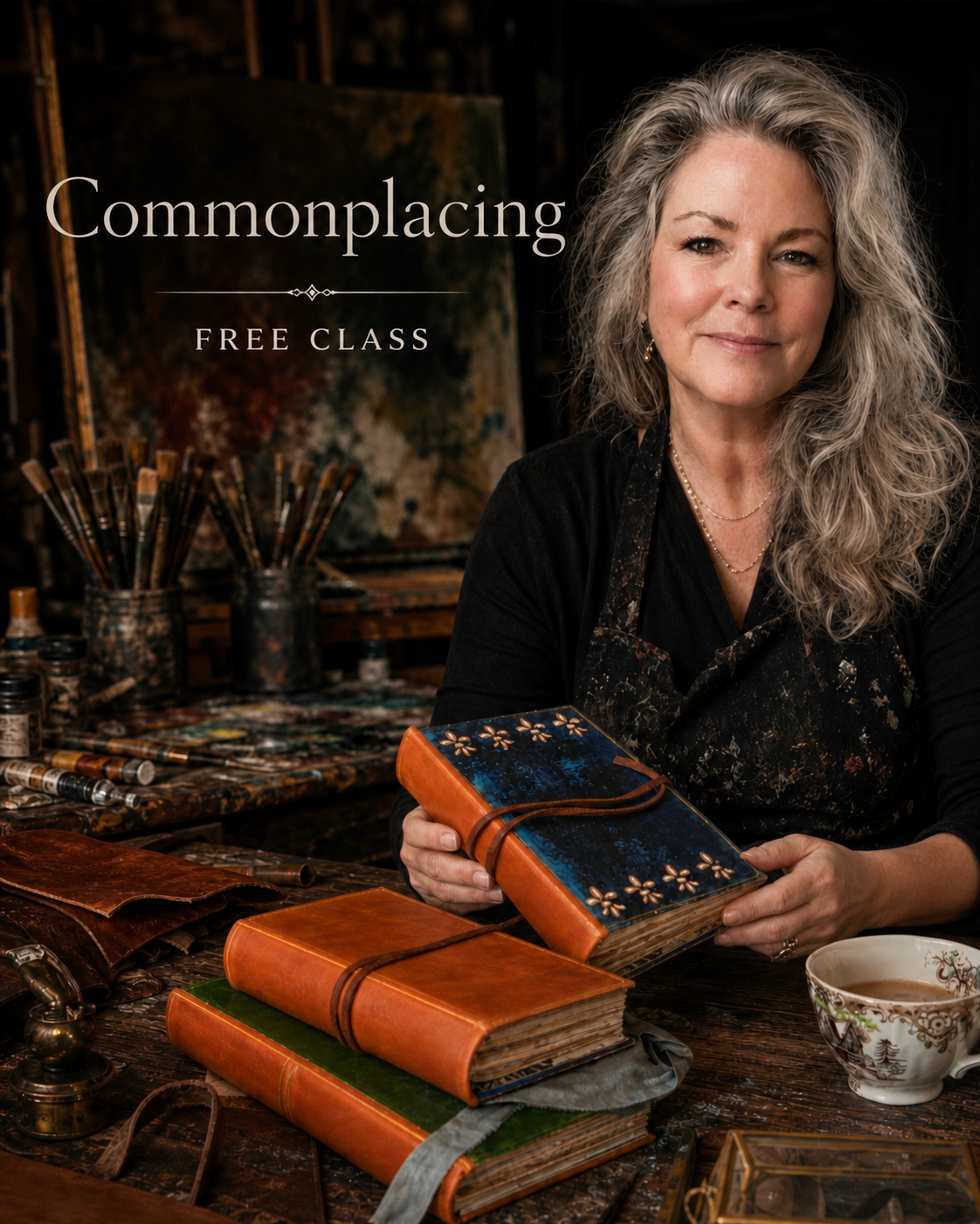 A woman with gray curly hair sits at a cluttered table holding a decorated leather journal. The table has art supplies, leather pieces, and additional journals. There is a cup of tea, and the background features a painting and shelves with art materials. Text states: 'Commonplacing, Free Class'.