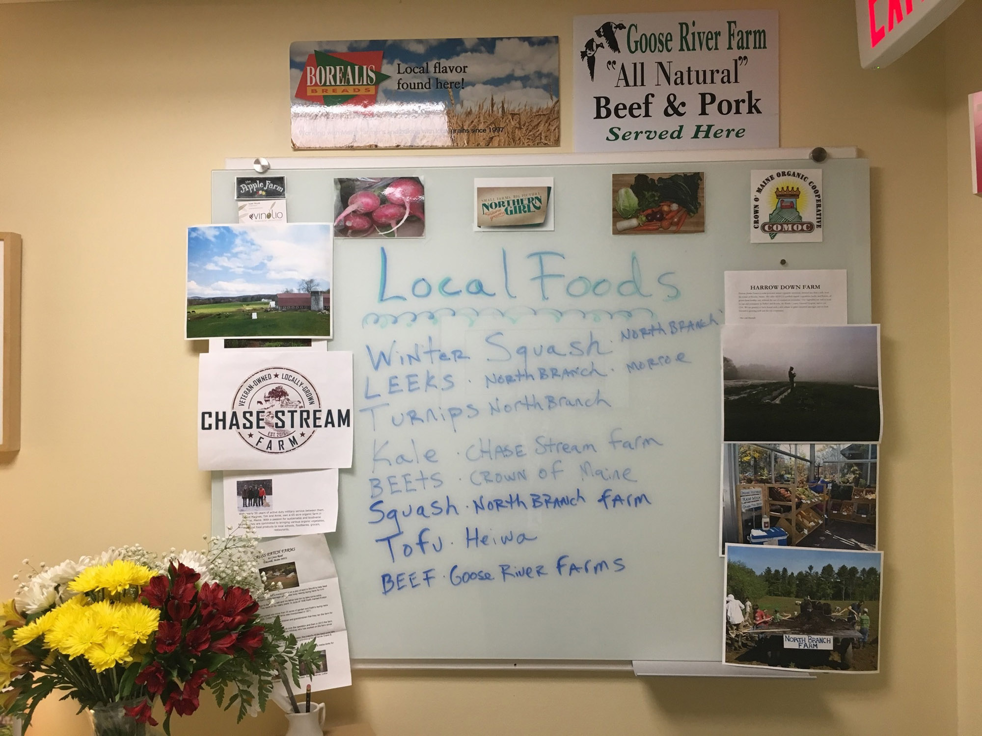 Waldo County General Hospital highlights the local foods on the menu for the day on this board.