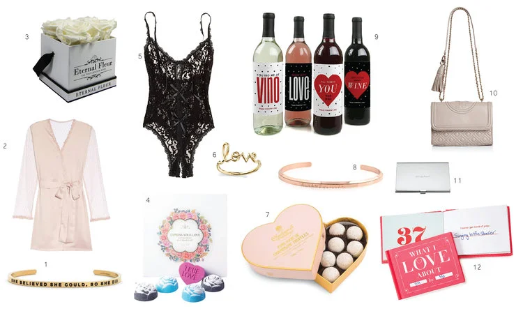 1. 'She Believed She Could' cuff 2. Flora Nikrooz Silk Robe 3. Eternal Flowers 4. Anjou Rose Bath Bombs 5.Hanky Panky Bodysuit Teddy 6. Love Ring 7. Charbonnel et Walker Truffles 8. 'Alhamdulliah' cuff 9.Set of 4 Wine Bottle Labels 10. Tory Burch handbag 11.Kate Spade Girl Boss Business Card Holder 12. What I Love About You by Me Book