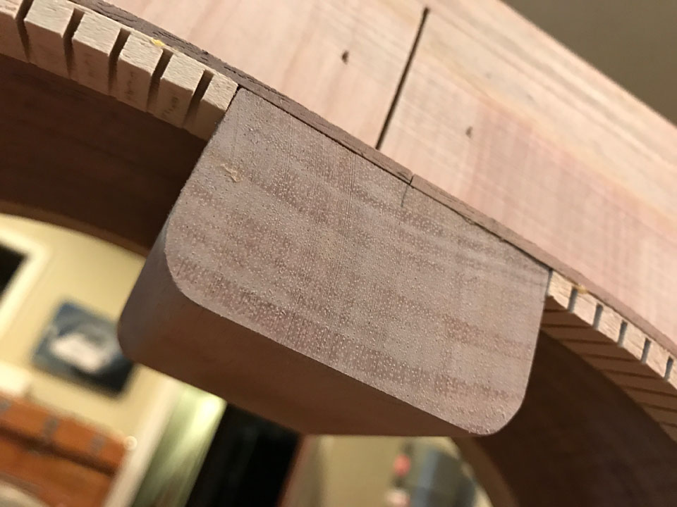 BY CONTRAST, THIS IS THE NECK HEEL BLOCK FOR A STEEL-STRINGED 730S. IT IS NOT CUT BACK, FOR EXTRA STRENGTH AGAINST STRING TENSION.