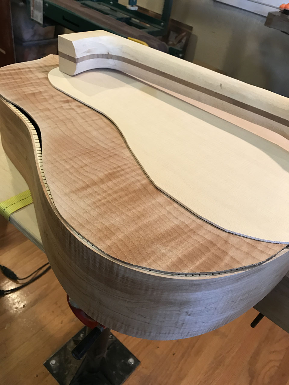 THE MAKINGS OF A 730L DREADNOUGHT. A BODY "HOOP", ROUGH-CUT TOP AND BACK, AND A ROUGH-CUT AND ONLY PARTIALLY-SHAPED NECK BLANK.