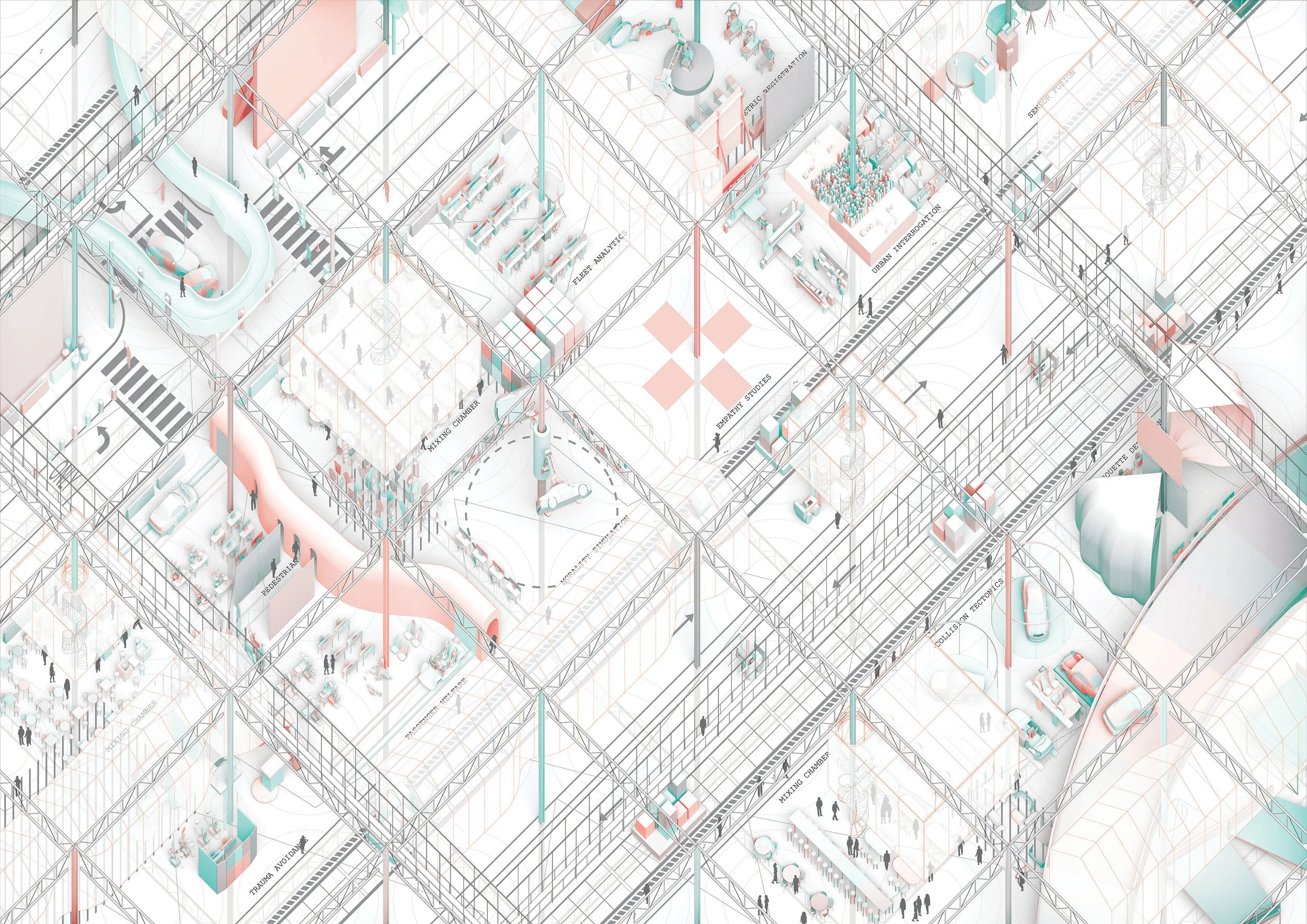 Open Source / Cognitive Shadows The ground floor of the parliament is a mat laboratory condition. Laboratories represent imaginations of possible worlds whose boundaries are loosely delegated by painted floor markings. The flexible condition of the free plan results in conflicts that allow imaginations to move and shape one another. As delegations come and go, the composition of the ground floor changes to accommodate new research protocols and agendas.