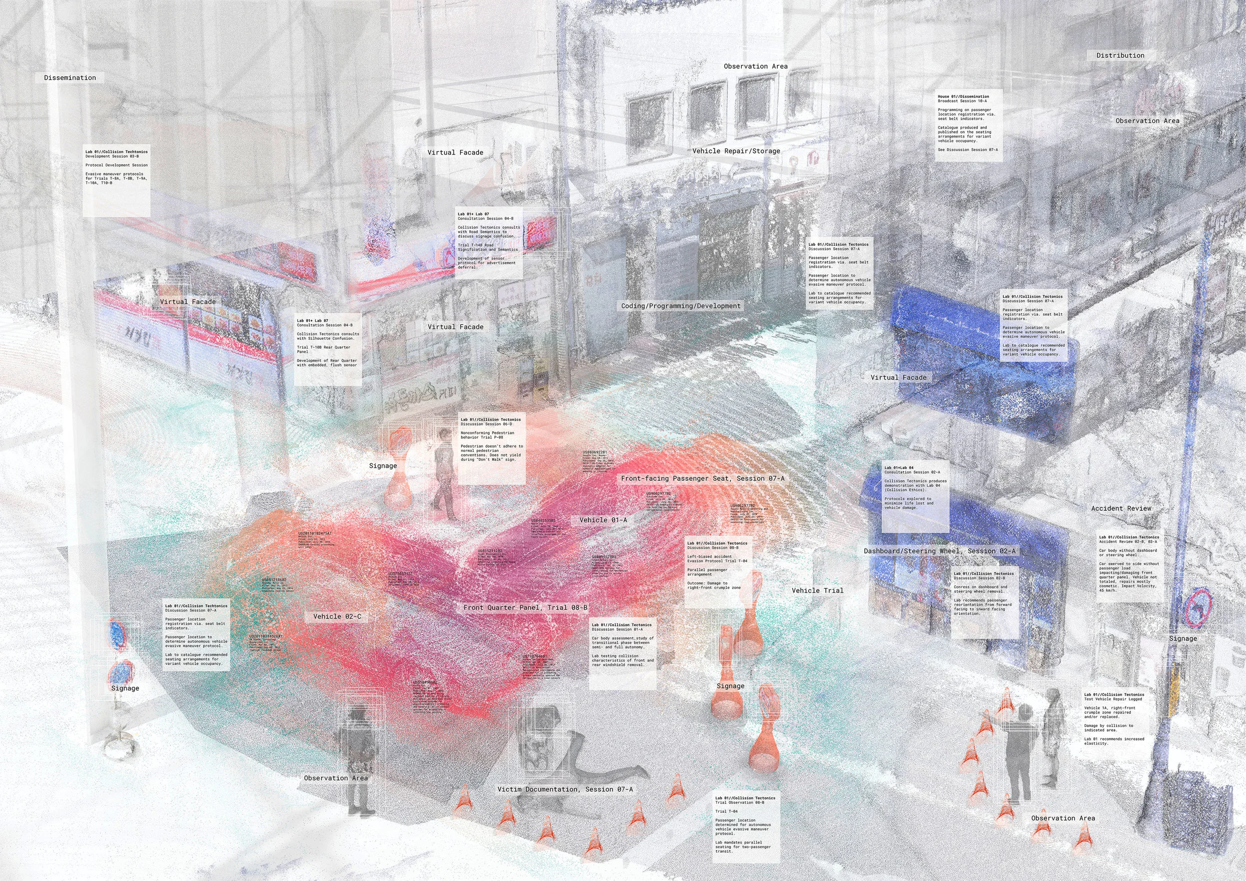 Morality Demonstrations / Projective Imaginaries Demonstration produces the bulk of the images of fact. The building is a perceptual apparatus. Delegations construct the physical settings which test the boundaries of sensor fusion. The way humans see space and how nonhuman subjects see space are different, but here, are reconciled. The building is capable of adding additional richness to the perception of reality. Discussions about accident outcomes are aided by hybrid perceptual material. Autonomous vehicles are an abstraction of our value judgements, cognitive abilities and virtuosity. Discussing the decisions made by vehicles in events of sensor failure create a rupture in convention; a moment to reevaluate the role of objectivity in political discourse.