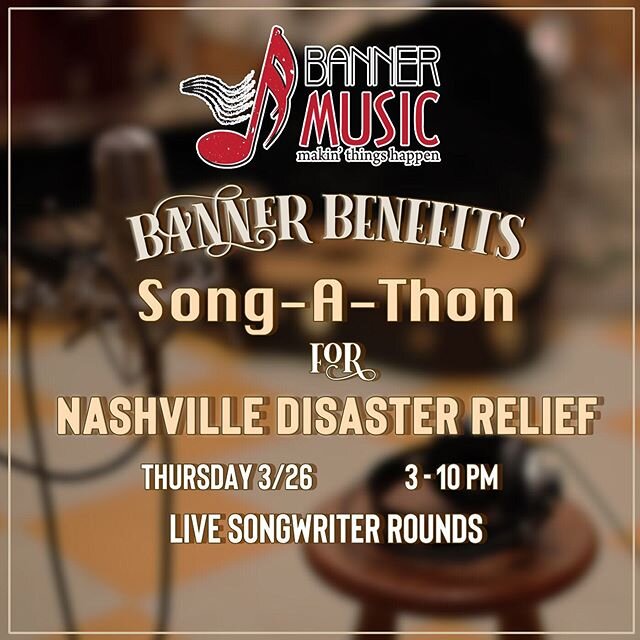 Songs and songwriters raising money for Nashville Disaster Relief. The songwriter lineup will be posted soon. The show will be LIVE ONLINE
#makinthingshappen
#helpinghands 
#giveback