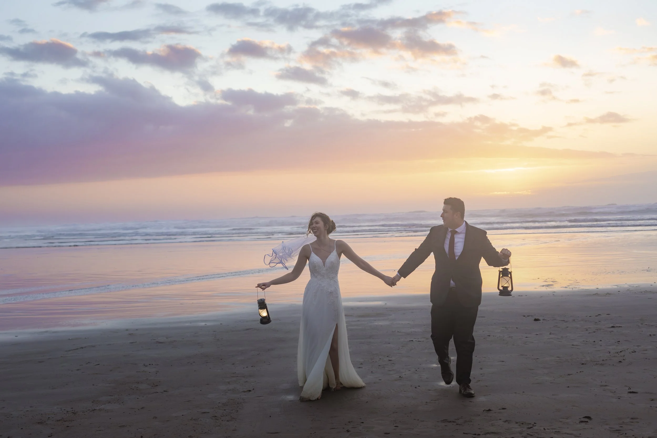 Married Couple Sunset Beach walk