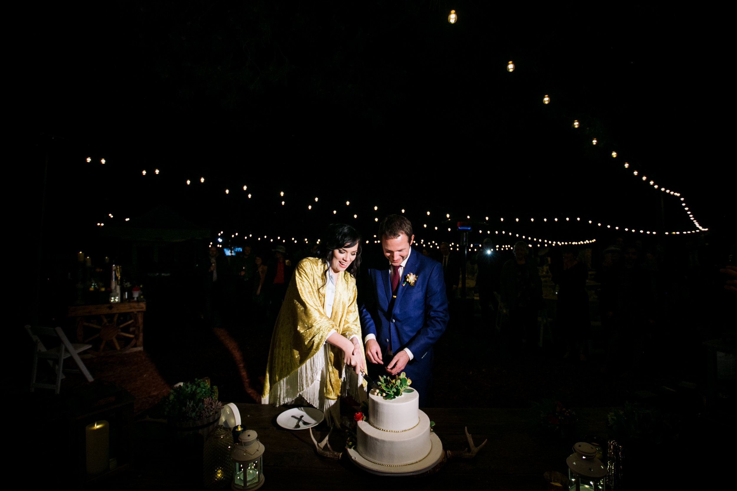 Bride and groom cut the wedding cake