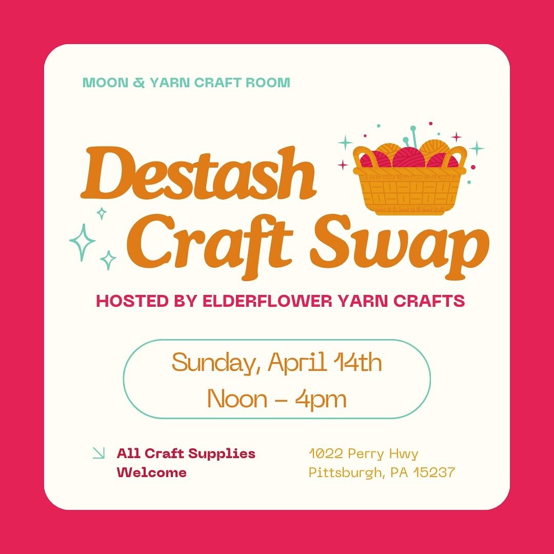 Get ready to destash at Moon and Yarn Craft Room on April 14th! 🎉 🧶 🔀

From the craft room: Get ready, crafters! The Craft Room is teaming up with Em of Elderflower Yarn Crafts for a Destash Craft Swap on Sunday, April 14th! Our destash craft swap