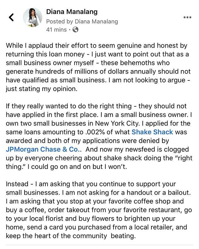 I think it&rsquo;s important to use our voices and platforms in ways of positive expression. My message here is a mix of frustration and hope. I&rsquo;m frustrated that as a small business - we were overlooked and neglected while large corporations p