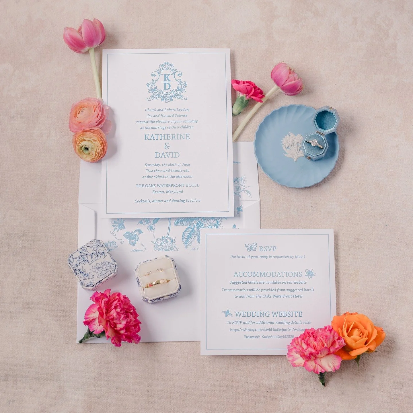A love story in print. 💙✨ 

We designed this bespoke invitation suite exclusively for Katherine &amp; David. 

Every detail, from the personalized monogram to the soft blue toile print with icons custom‑crafted to reflect their love story's origin a