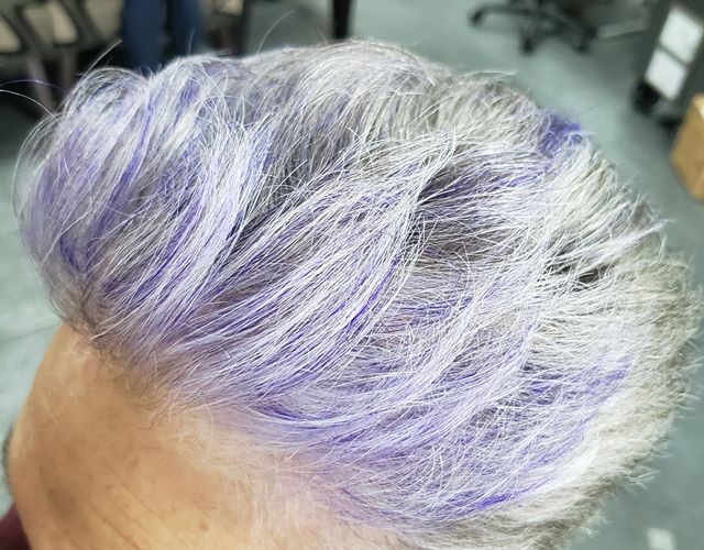 A little purple flair in this gorgeous grey hair 🎆 by Debi Towle