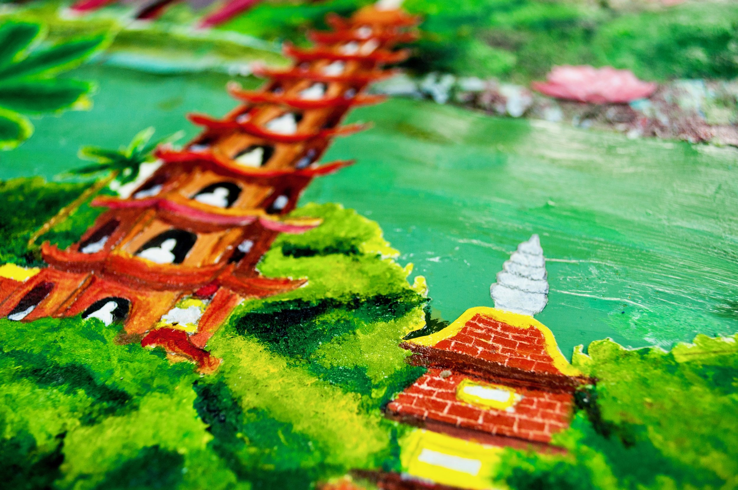 Detail of the painting, depicting Trấn Quốc Pagoda, Hanoi's oldest Buddhist temple.