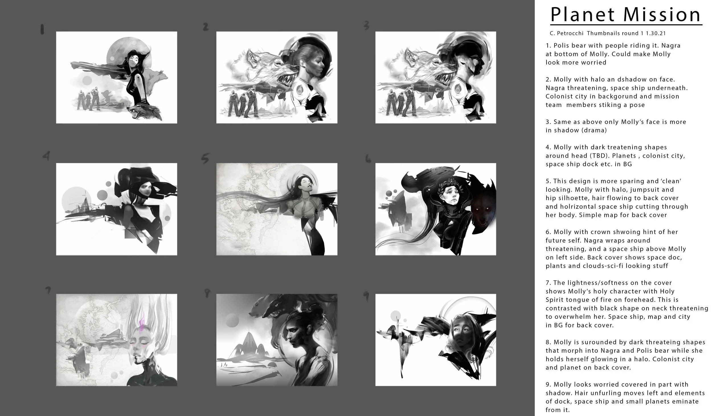  Thumbnails presented to the client including my written thoughts along the right side margin to help communicate my ideas. 