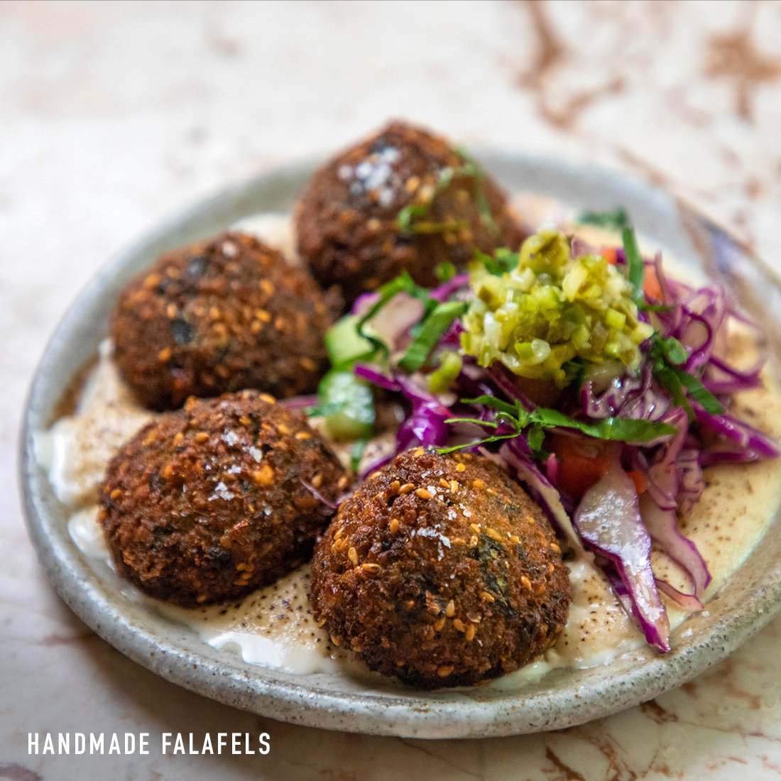  Handmade Falafels w charcoal light tahini, purple slaw, zhug. Best falafel in Sydney, Australia 