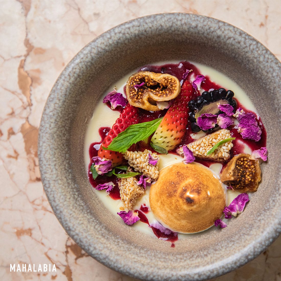  Mahalabia milk pudding, berries, sesame snap, meringue, rose &amp; mixed berry coulis. Best dessert in Sydney, Australia 