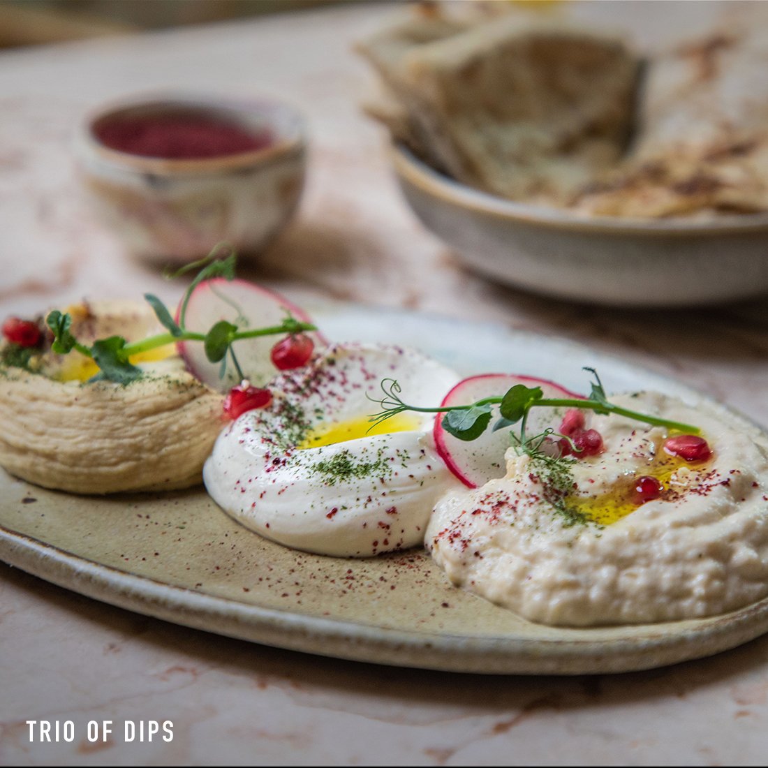  Trio of Dips.  baba ghanoush, labneh, hummus, pita bread. Best entree in Sydney 