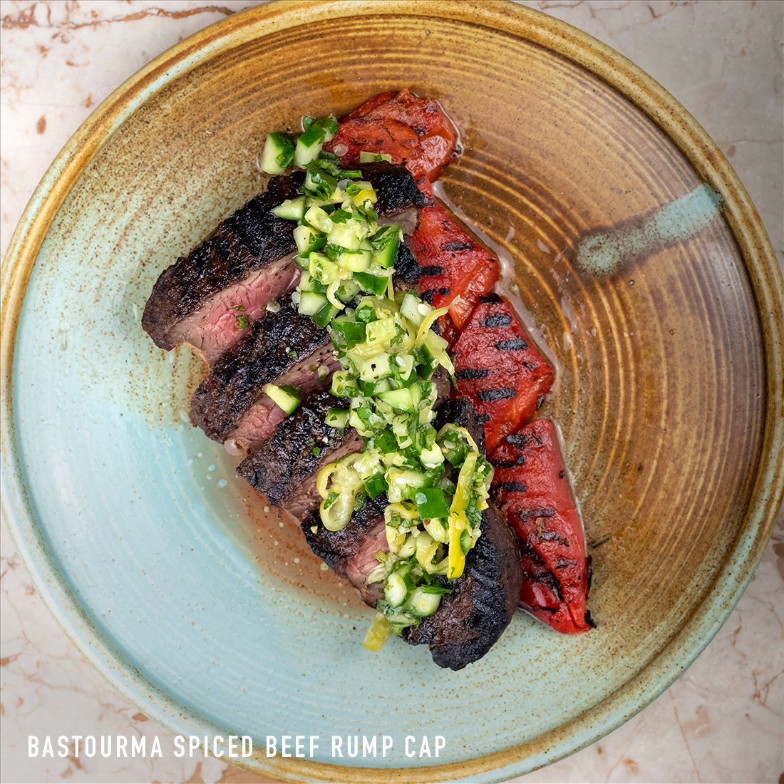  Bastourma Spiced Beef Rump Cap bbq’d, roasted peppers, zaatar &amp; herb dressing. Best chargrilled meat in Sydney 