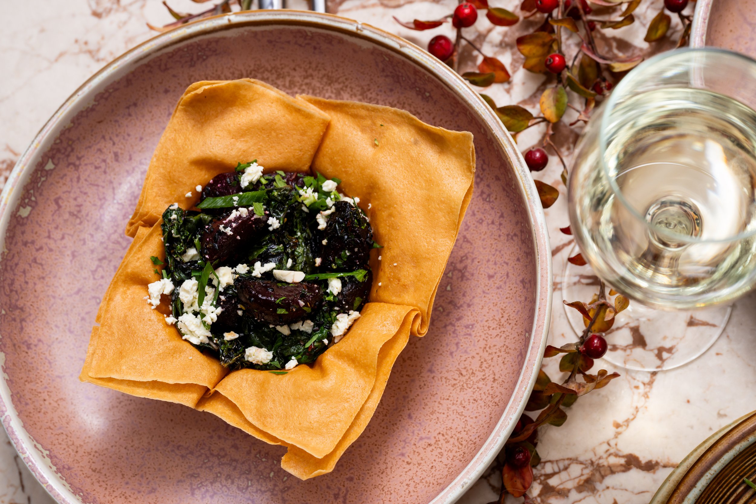  Beetroot Bisteeya roasted baby beets, Swiss chard, goats cheese, zaatar, crispy yufka. Best vegetarian in Lane Cove 