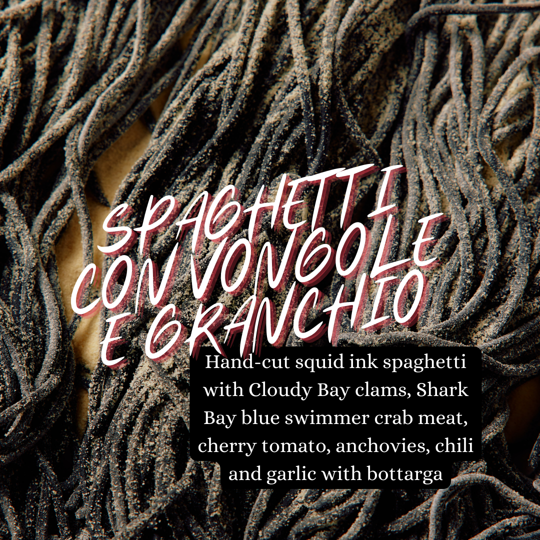Hand-cut squid ink spaghetti, crafted daily