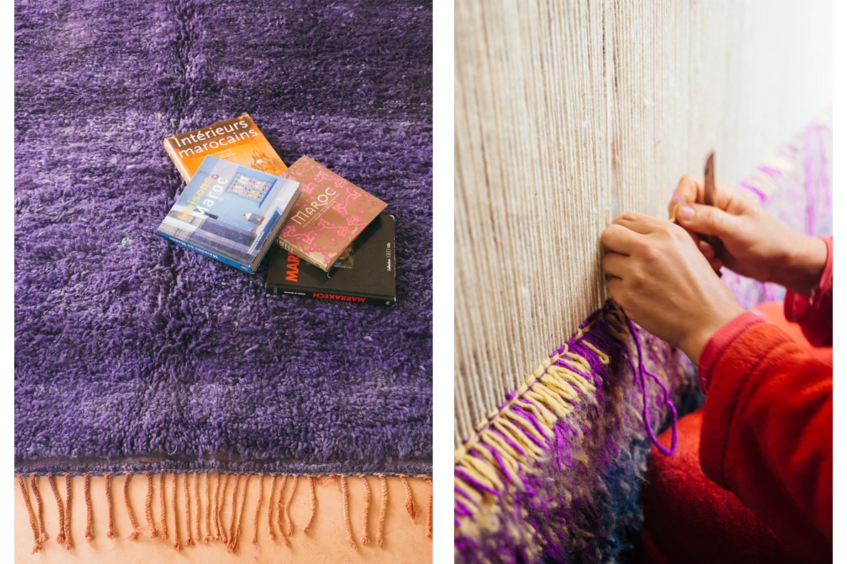  A deep purple Beni Mcguild and Moroccan artistans weaving a new carpet.