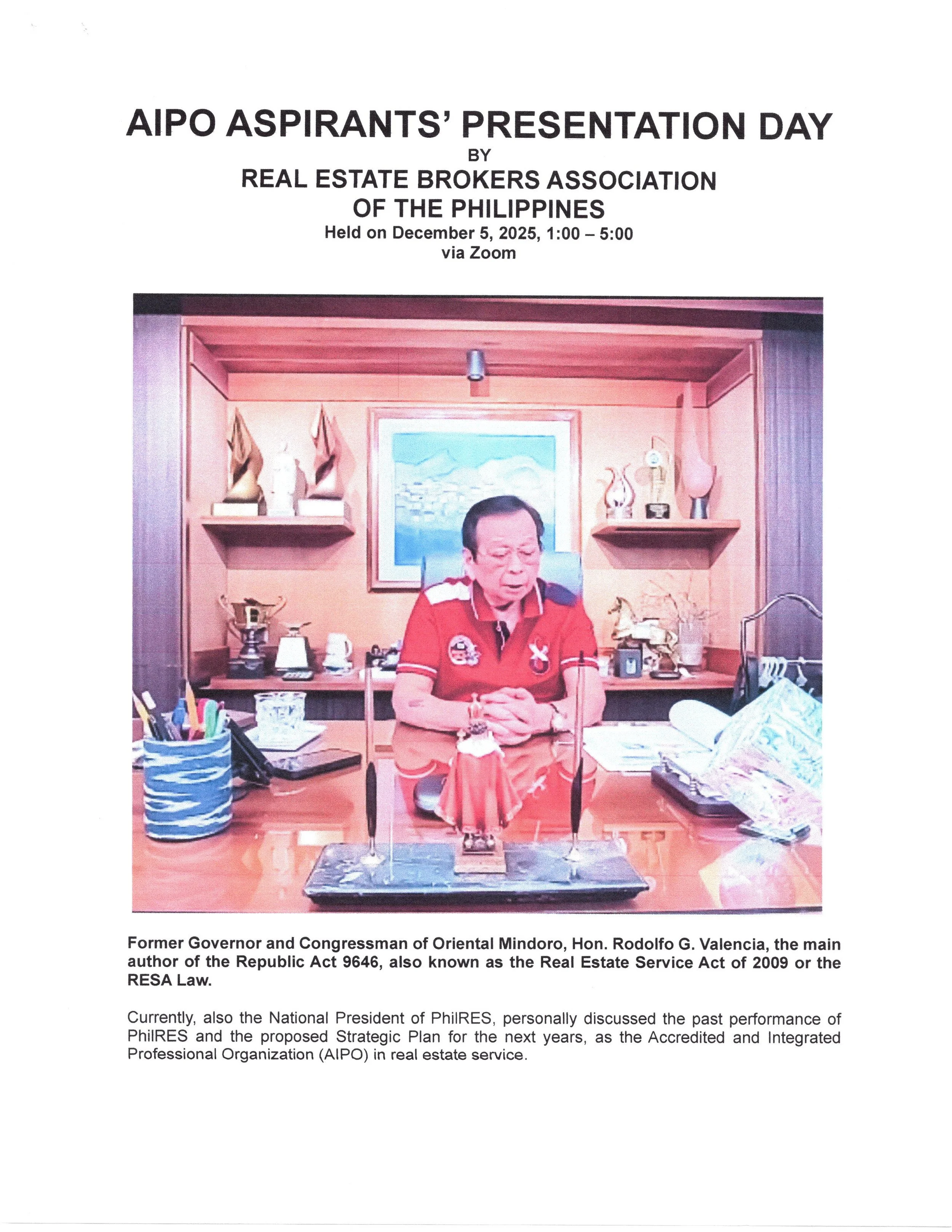 AIPO ASPIRANTS’ PRESENTATION DAY BY REAL ESTATE BROKERS ASSOCIATION OF THE PHILIPPINES Held on December 5, 2025, 1:00 – 5:00  via Zoom