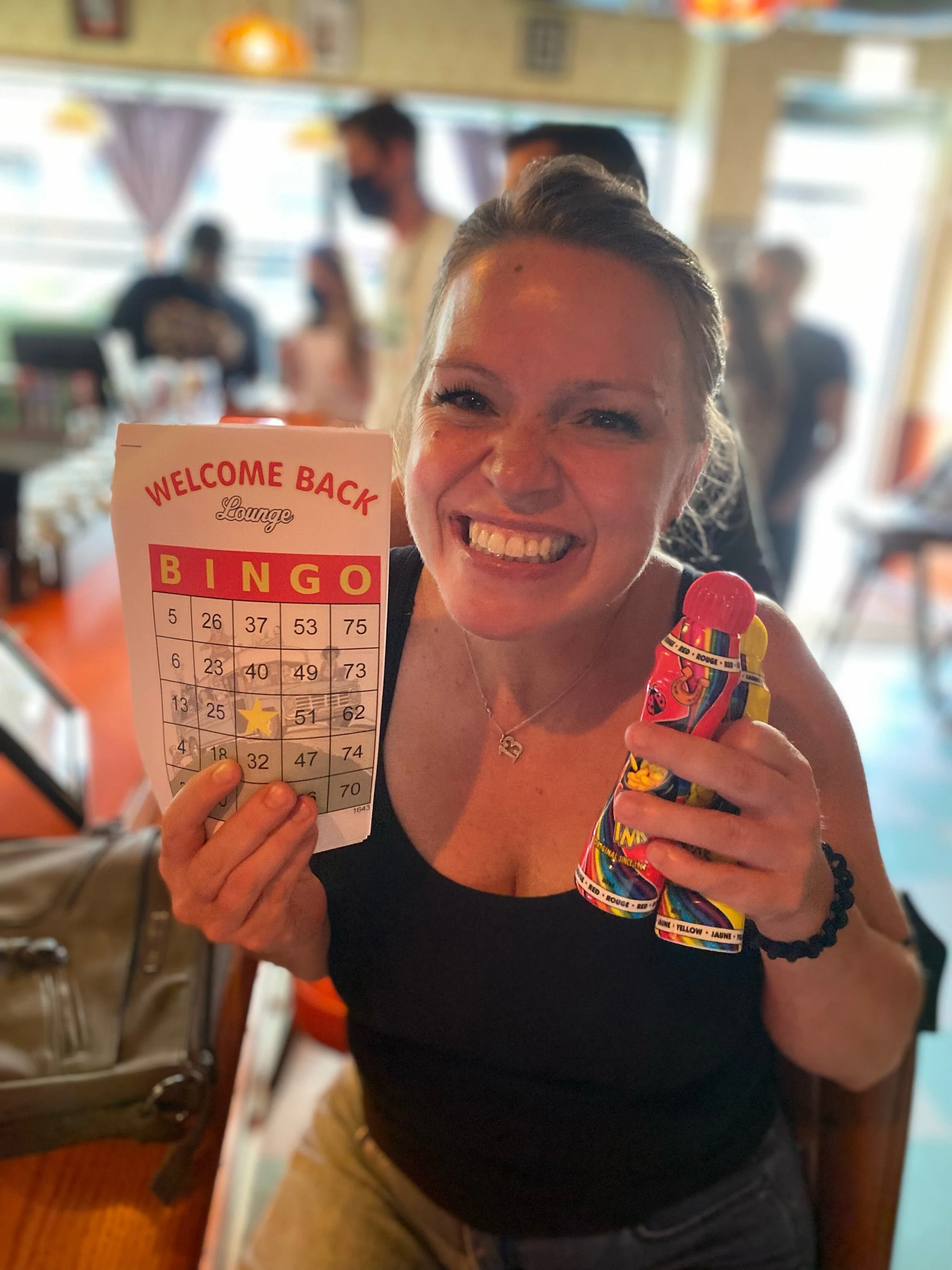 2021 PR Foundation board member Katie Smith playing bingo at the Welcome Back Lounge Chicago , Illinois with proceeds going to the PR Foundation, Thank you Legacy Hospitality for always supporting us.