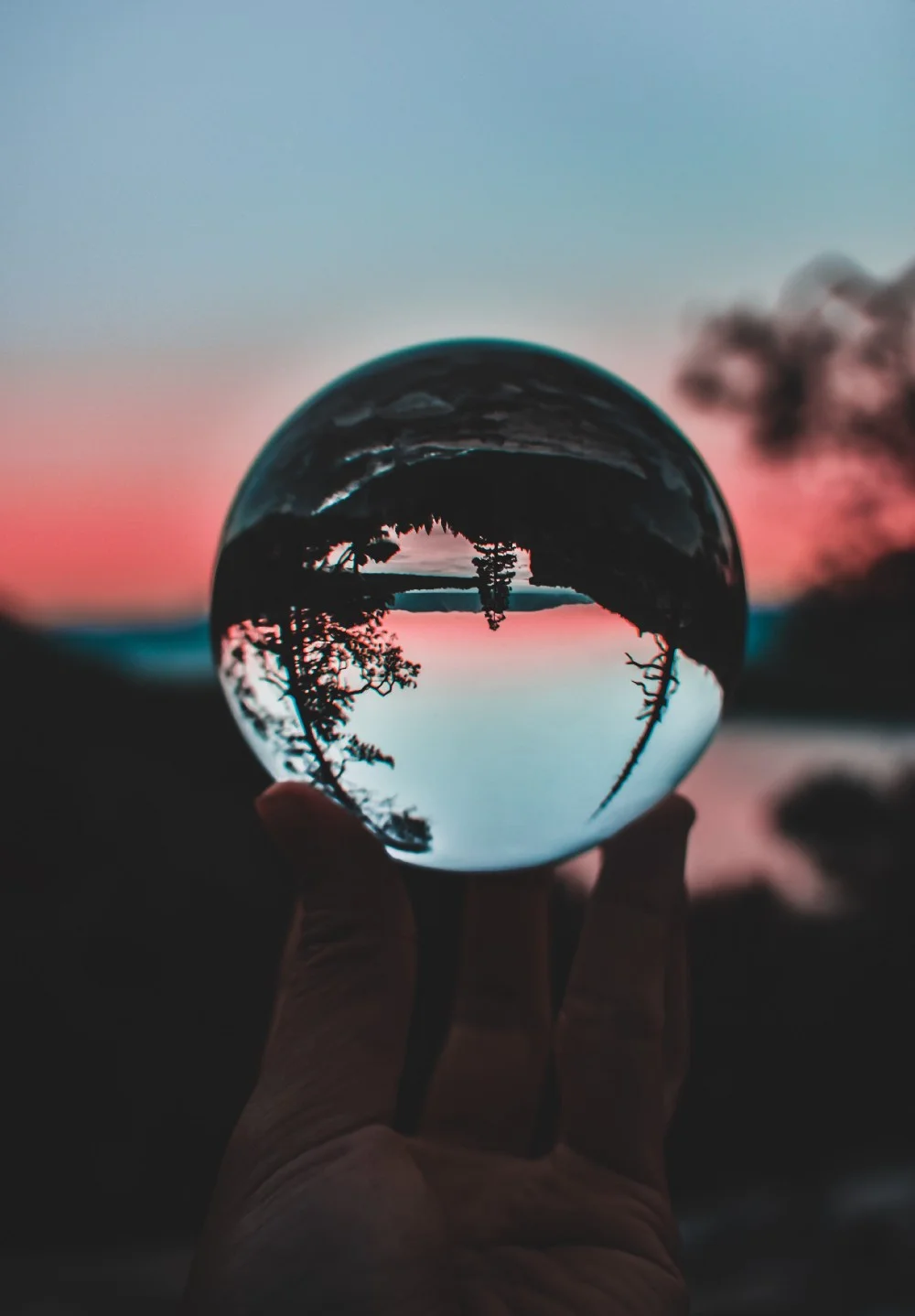 hand holding glass ball reflecting landscape