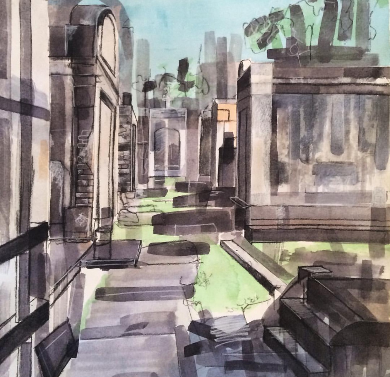    Lafayette Cemetery I,   2017  Watercolor, ink, charcoal, on paper, 18×16 inches 