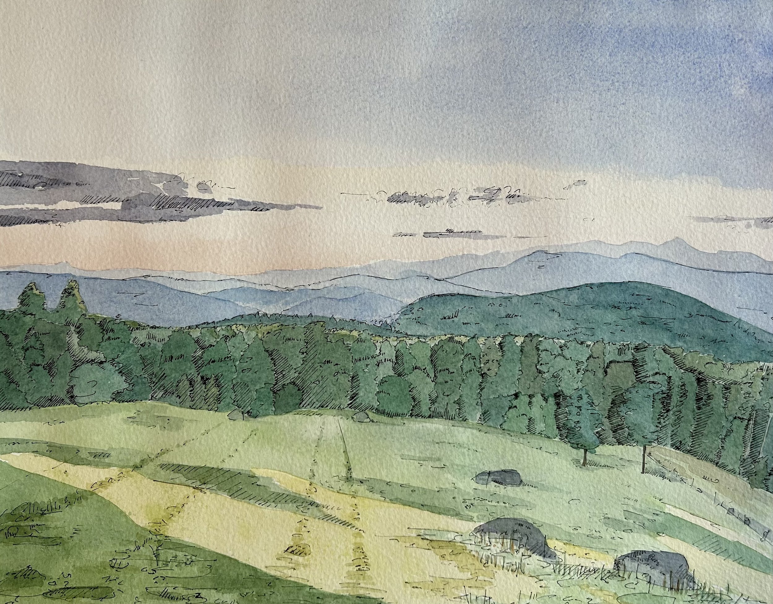 Cabins View, 2024 Watercolor and ink on paper, 16×20 inches