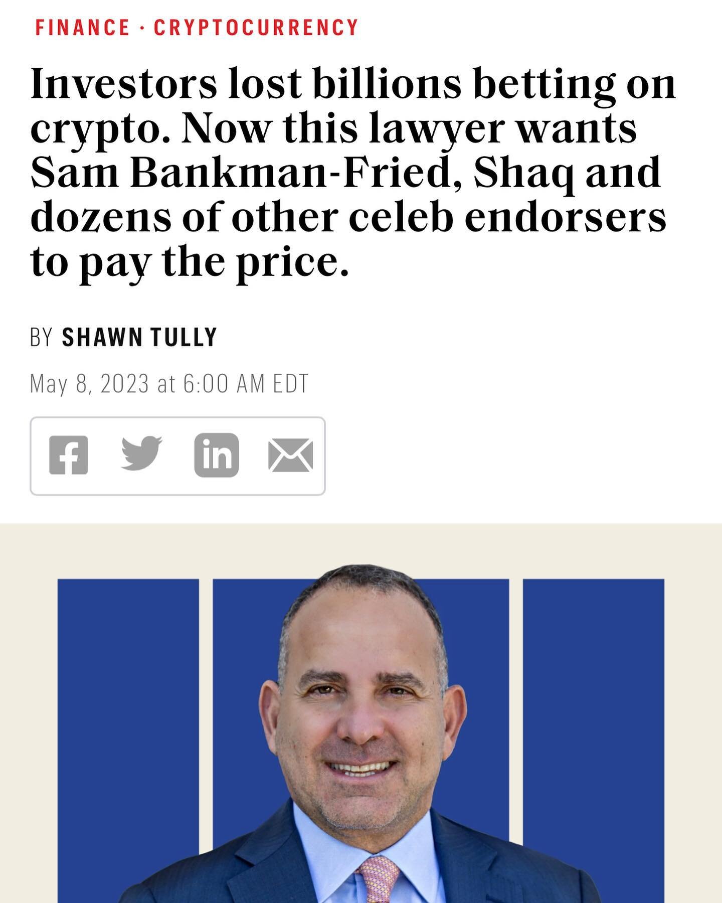 Today in Fortune magazine:

By joining forces, Moskowitz and Boies have launched a broad legal attack that&rsquo;s already muzzling the once-buzzing celebrity-driven hype that so charged enthusiasm for crypto. Their overriding strategy consists of pu