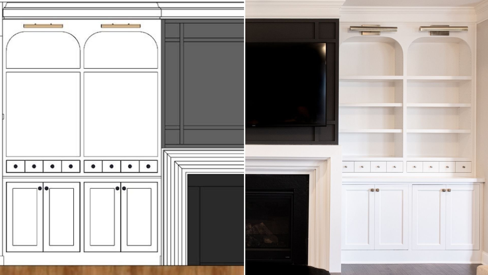  side by side of built-in drawing versus the finished product 