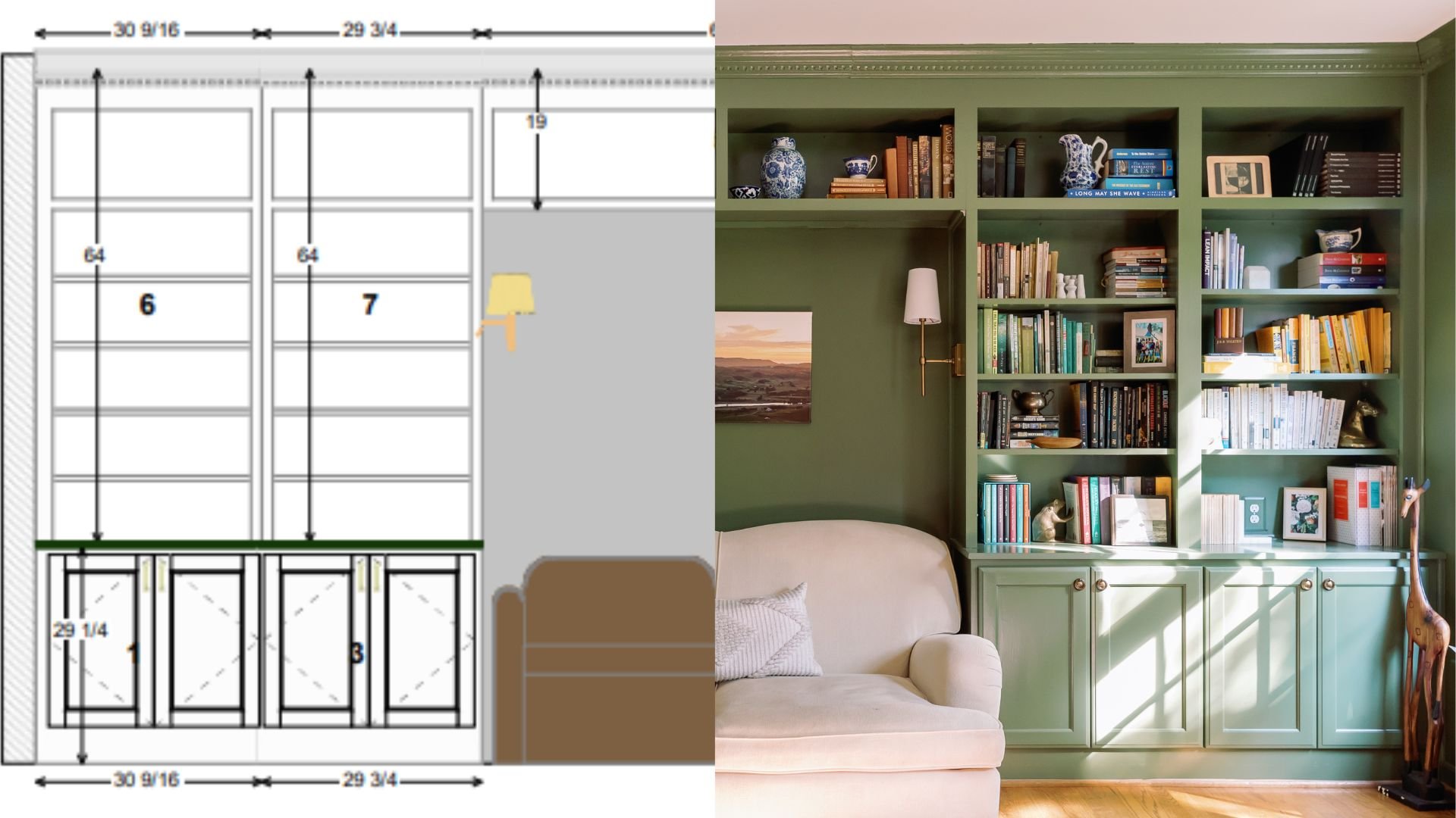  side by side of home library digital plan versus final product 