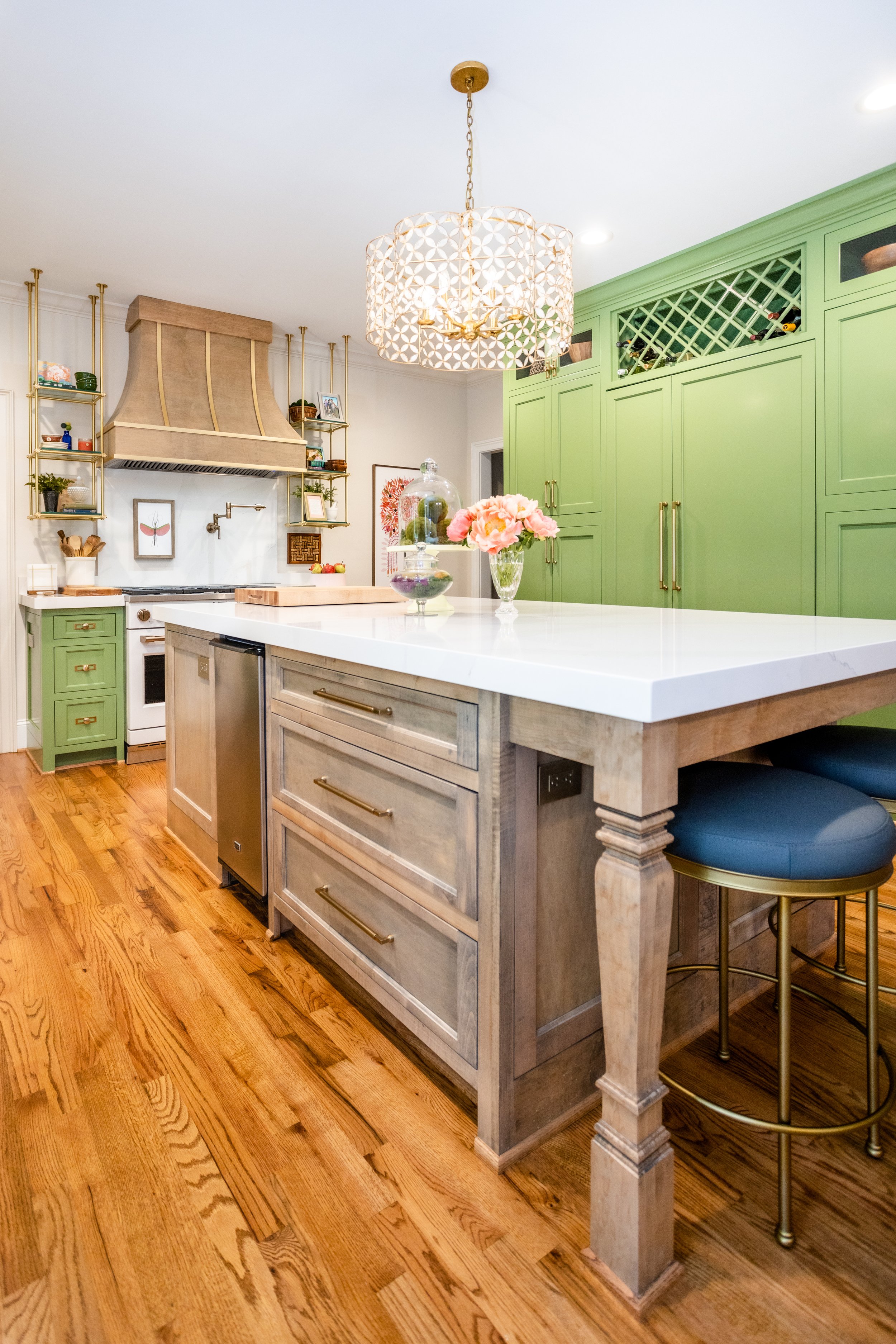 Country style kitchen with mint green, olive green accents