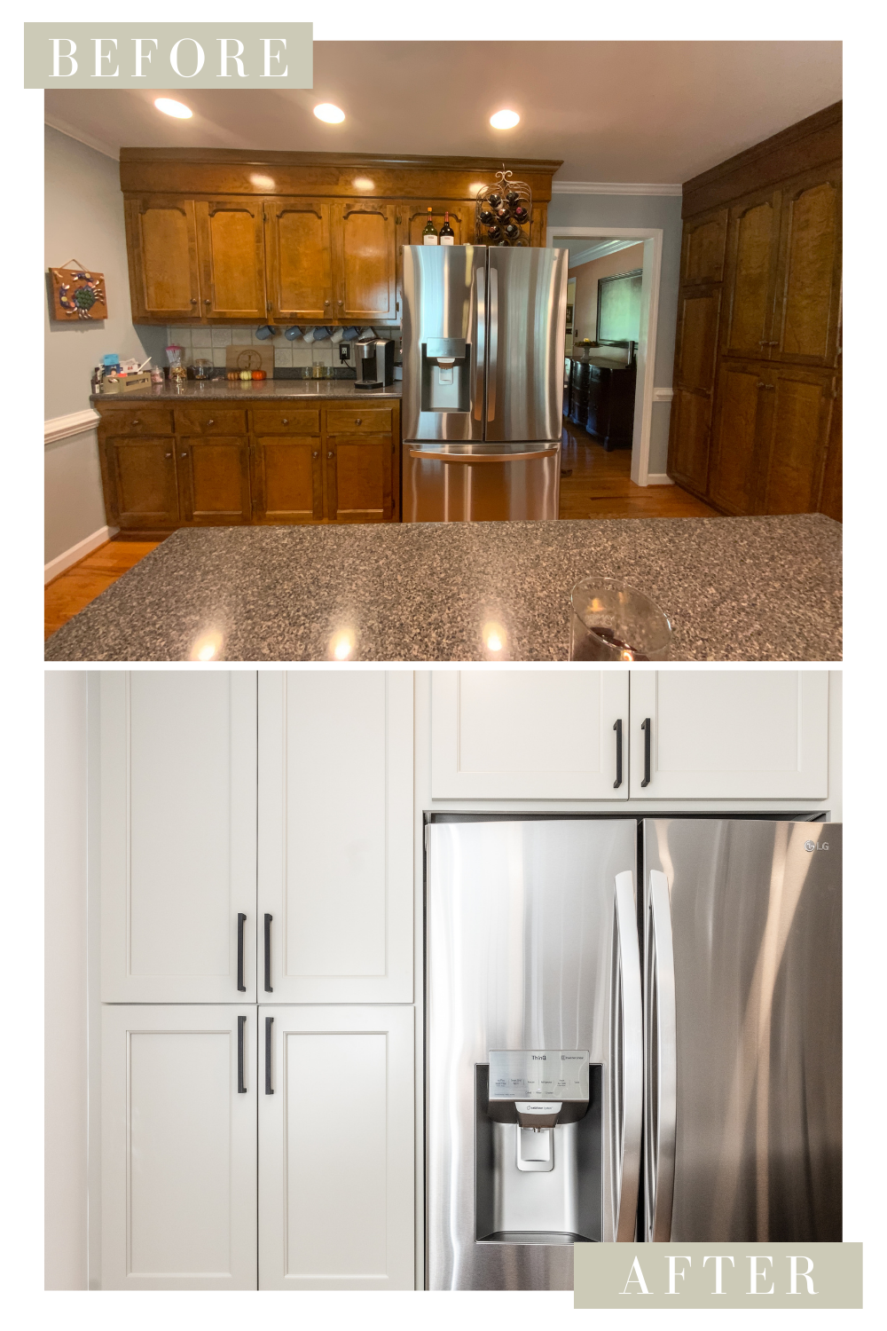  Before and after of a custom kitchen remodel featuring a custom, built-in pantry 
