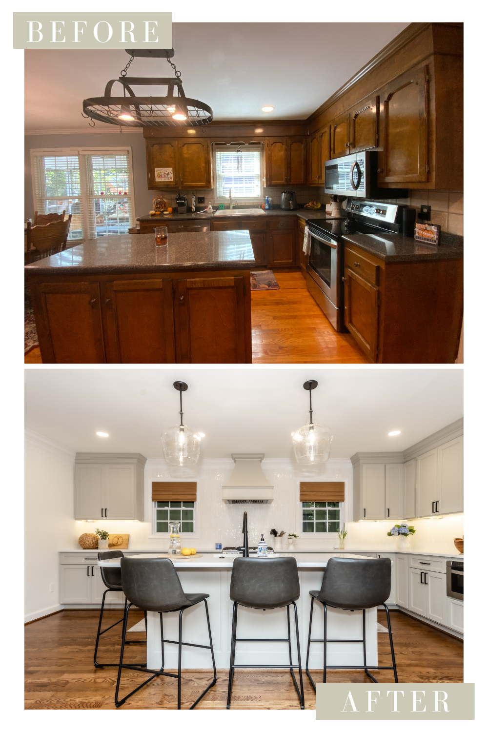  Before and after of a custom kitchen renovation featuring a neutral color palette and matte black finishes 