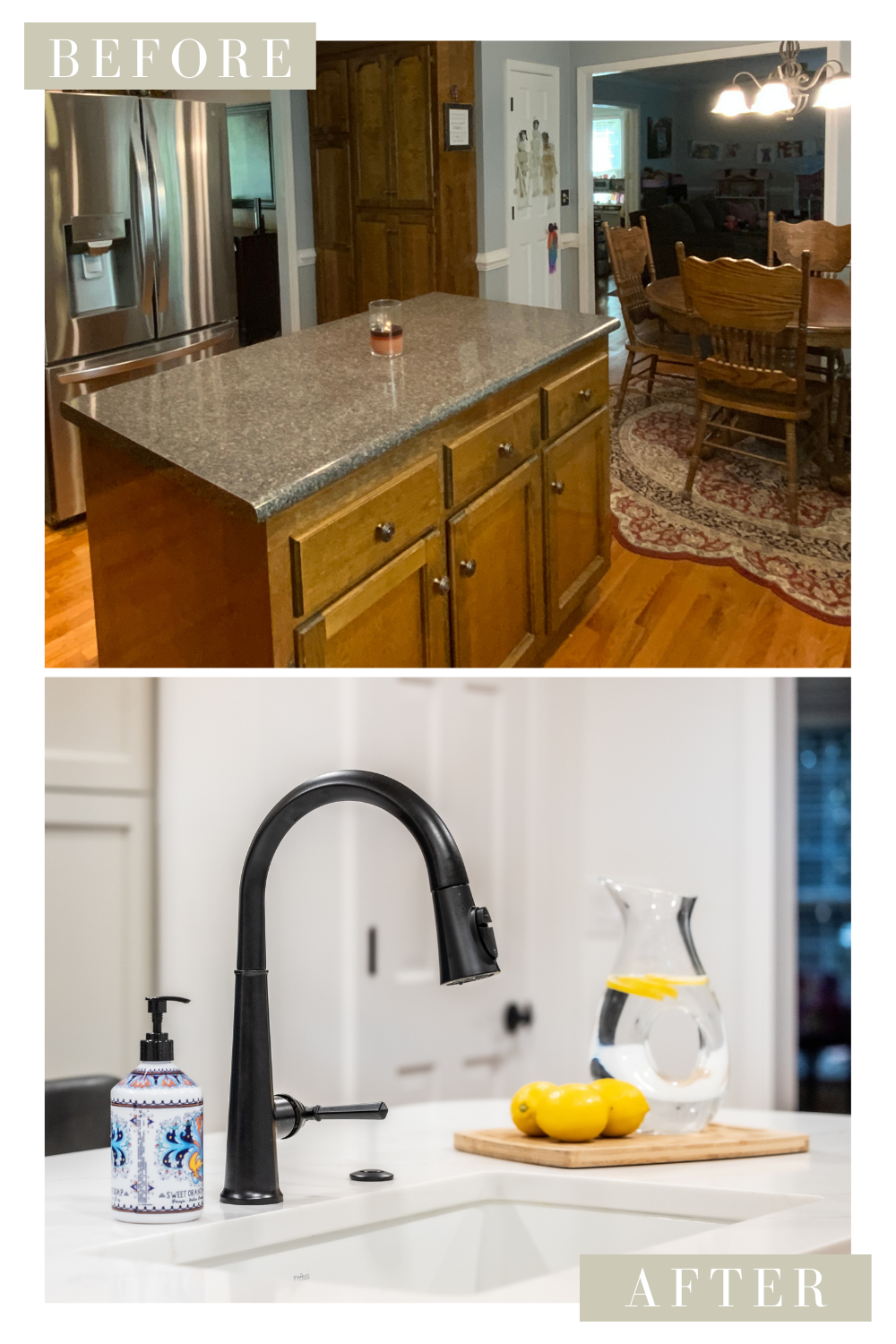  Before and after of a custom kitchen remodel with matte black finishes and accessories 