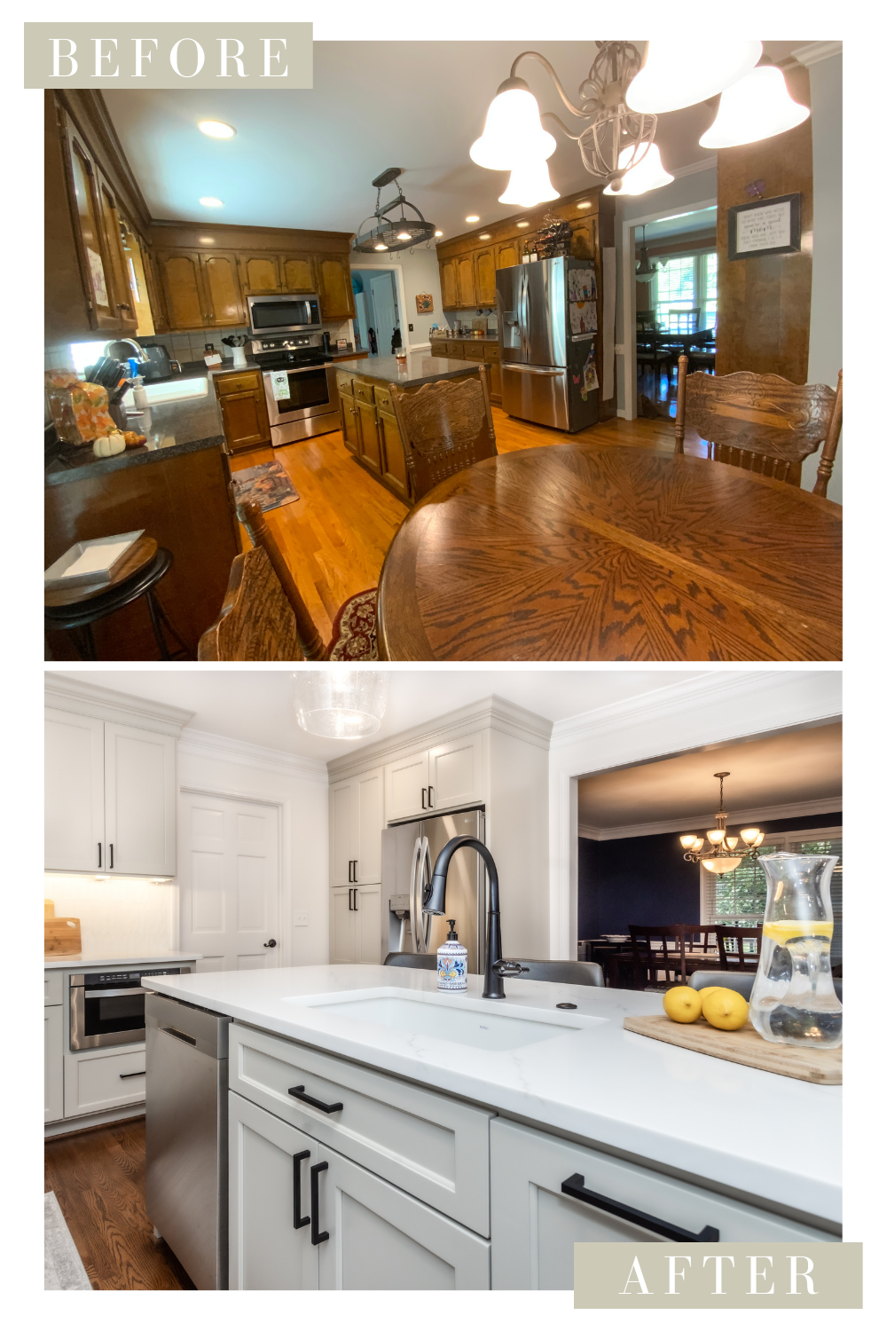  Before and after of a Greer, SC kitchen renovation featuring a custom island and cabinetry 