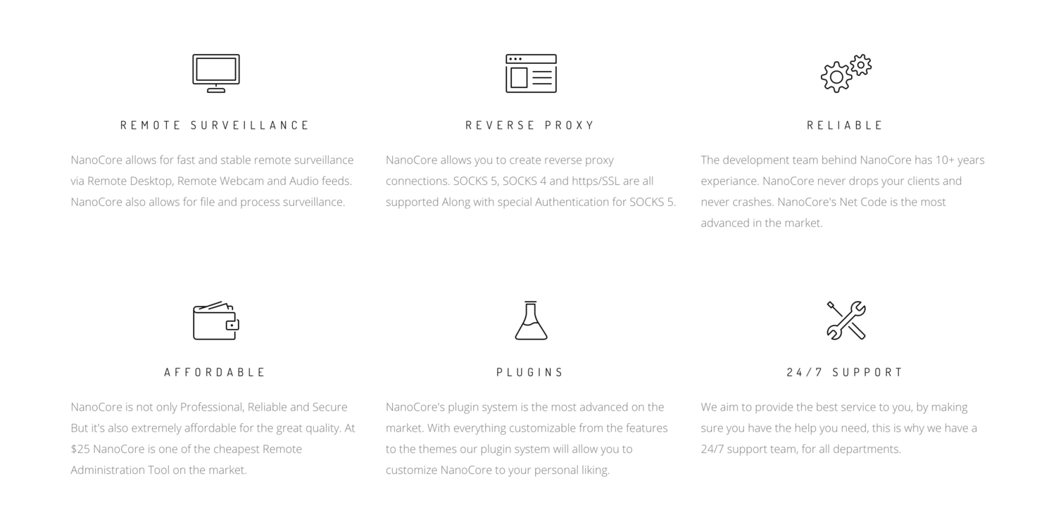 NanoCore website promotes the the tool as reliable, affordable, with 24/7 support. Reference: https://web.archive.org/web/20160815000000*/nanocore.io