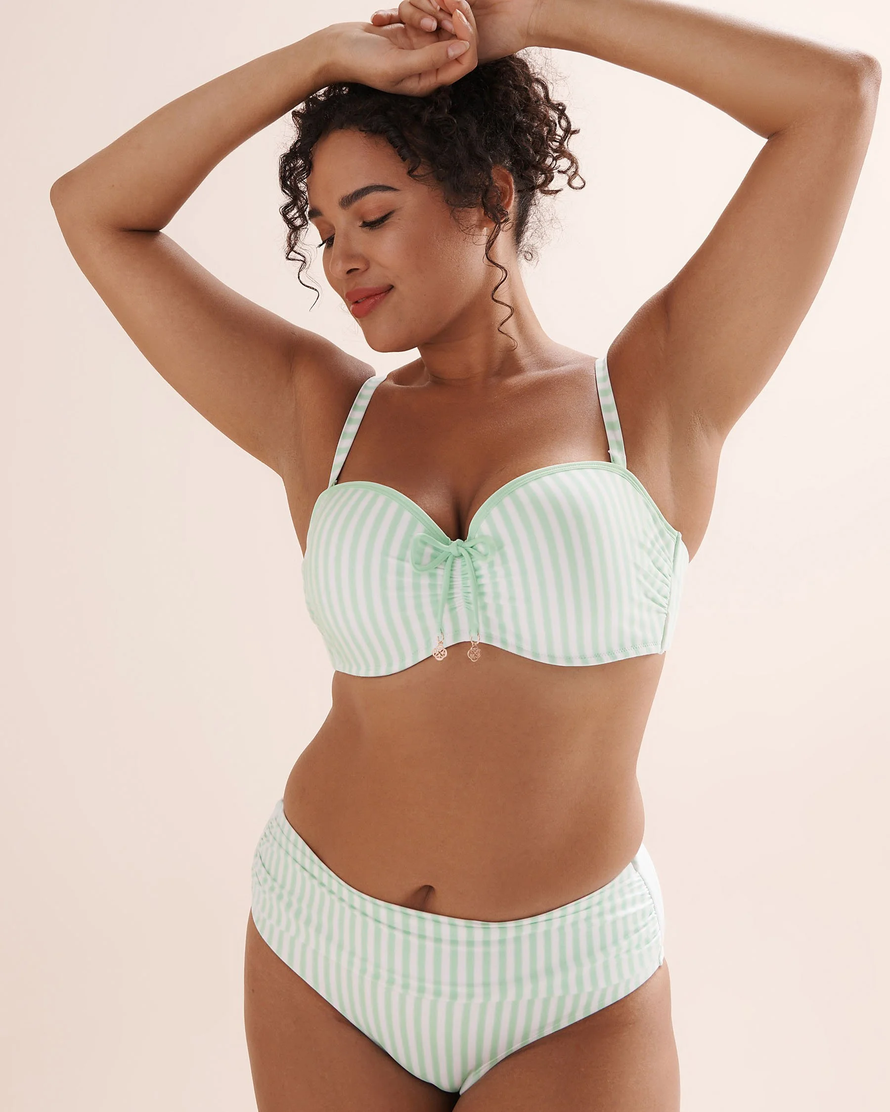 Striped Shirred Tummy Control Mid-Rise Bikini Bottom