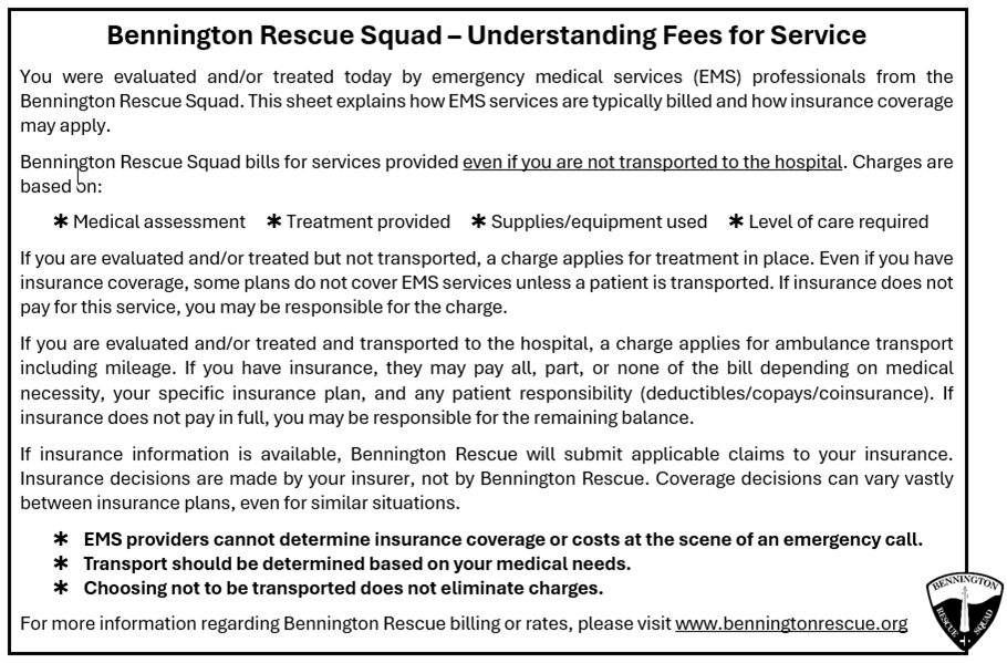 Bennington Rescue Squad informational sheet detailing EMS billing and insurance coverage, including charges for services, transportation, and insurance claims, with Bennington Rescue logo at the bottom right.