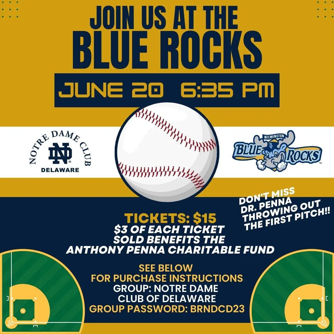 On Tuesday, June 20th, join us with the Notre Dame Club of Delaware at the Blue Rocks for Irish Heritage Night! Don't miss the pregame festivities -- Dr. Robert Penna '89 will be throwing out the first pitch!

Tickets are $15 through our group sales 