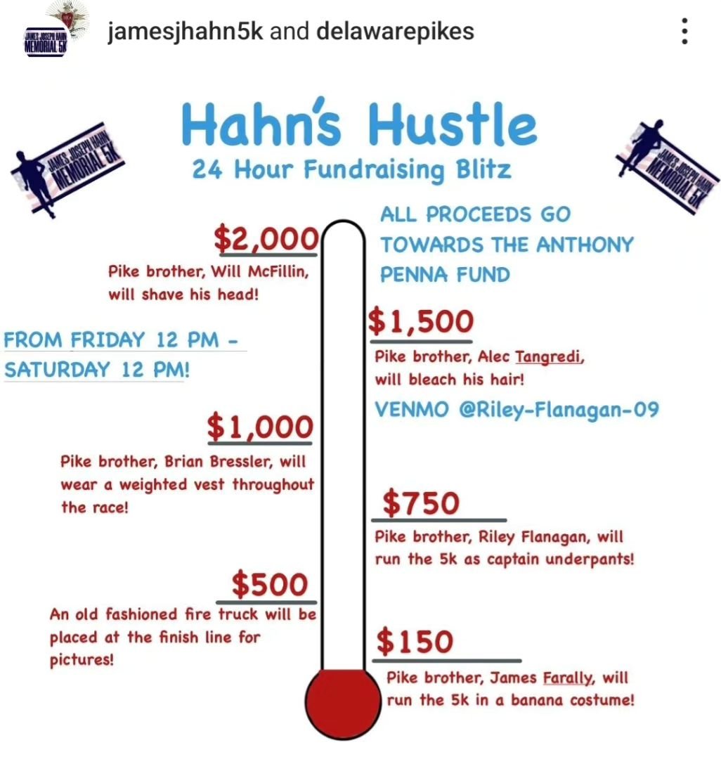 We are looking forward to seeing you tomorrow morning at the James Joseph Hahn Memorial 5K in Newark! Think we can raise enough to make Pike brother, Will McFillin, shave his head? 😊👍💚🎵🏃&zwj;♀️🏃&zwj;♂️

Link to sign up is in our bio!