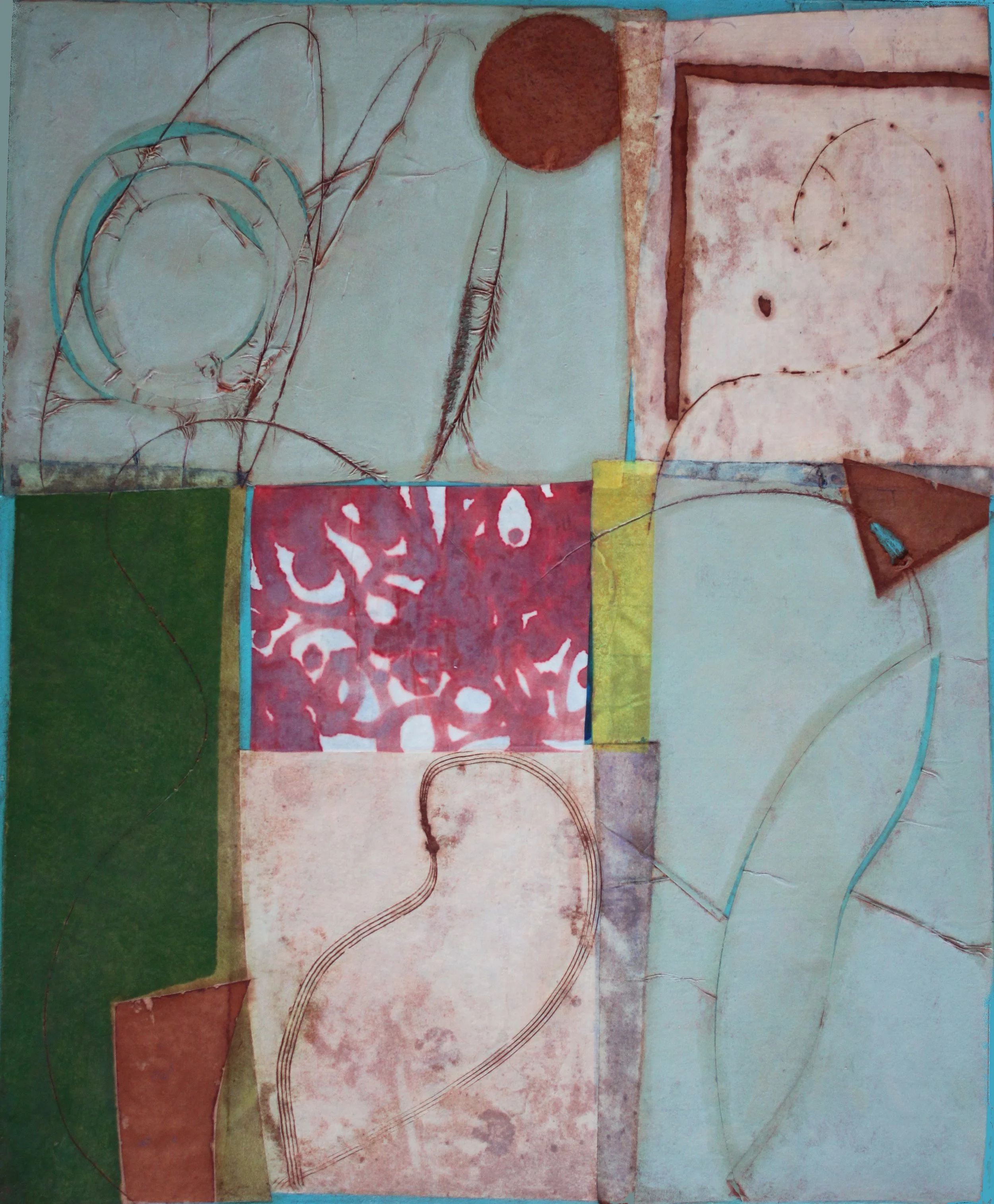  Epigram 104 30x23 inches, 73x60 cm  oil, ink, gesso, rice paper on wood  2025 