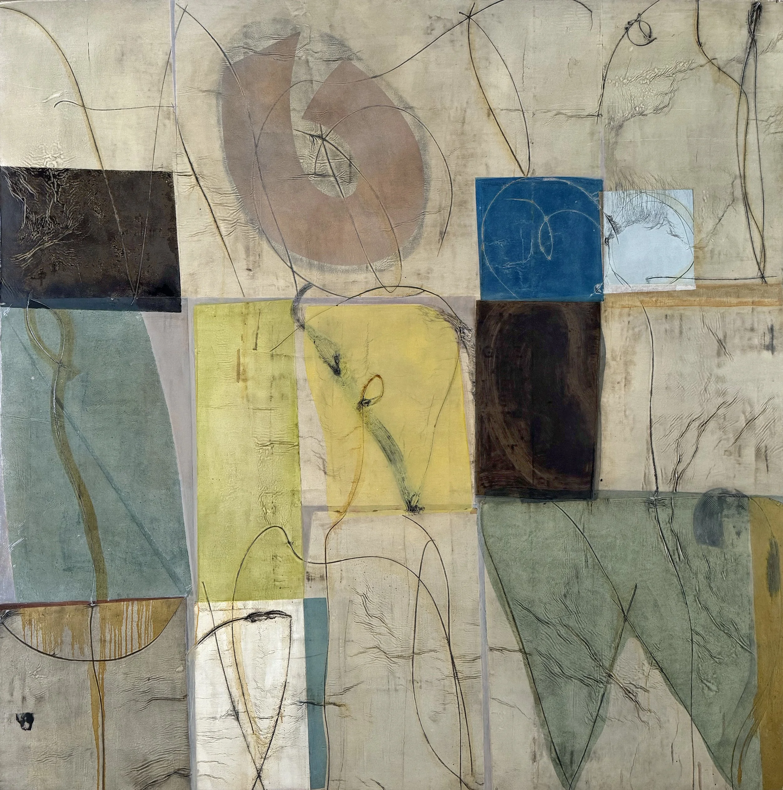  Subtracted Word 8 72×72 inches, 180×180 cm oil, ink, gesso, rice paper on canvas 2025 