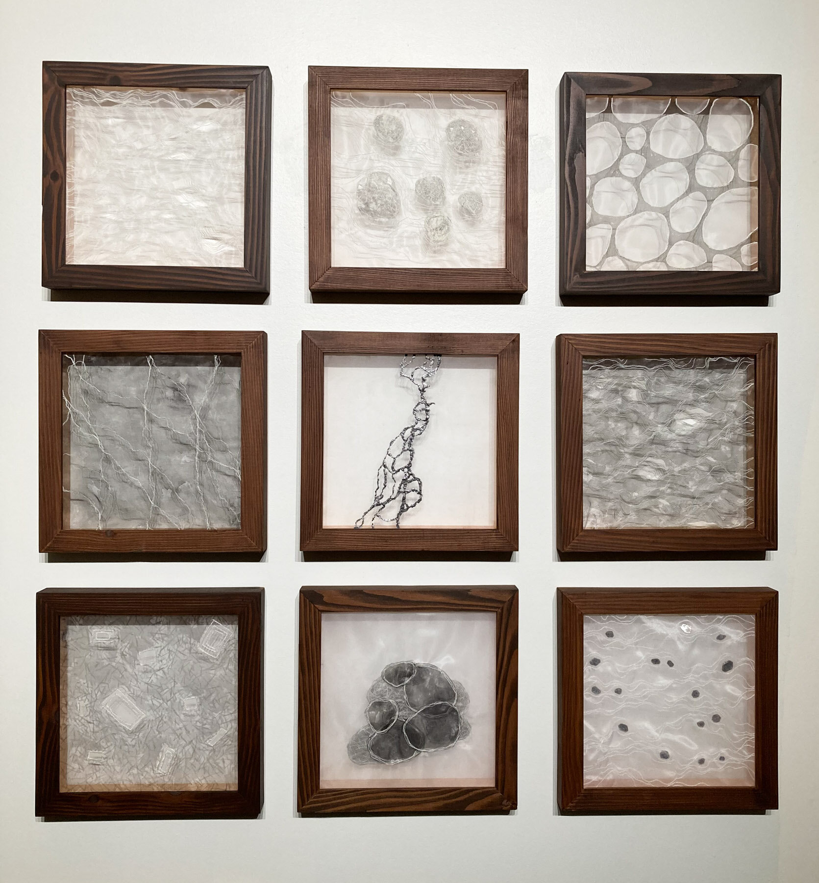 FRAMED PANELS - silk organza, thread, ink, graphite flake and muscovite crystals 11"x11" each