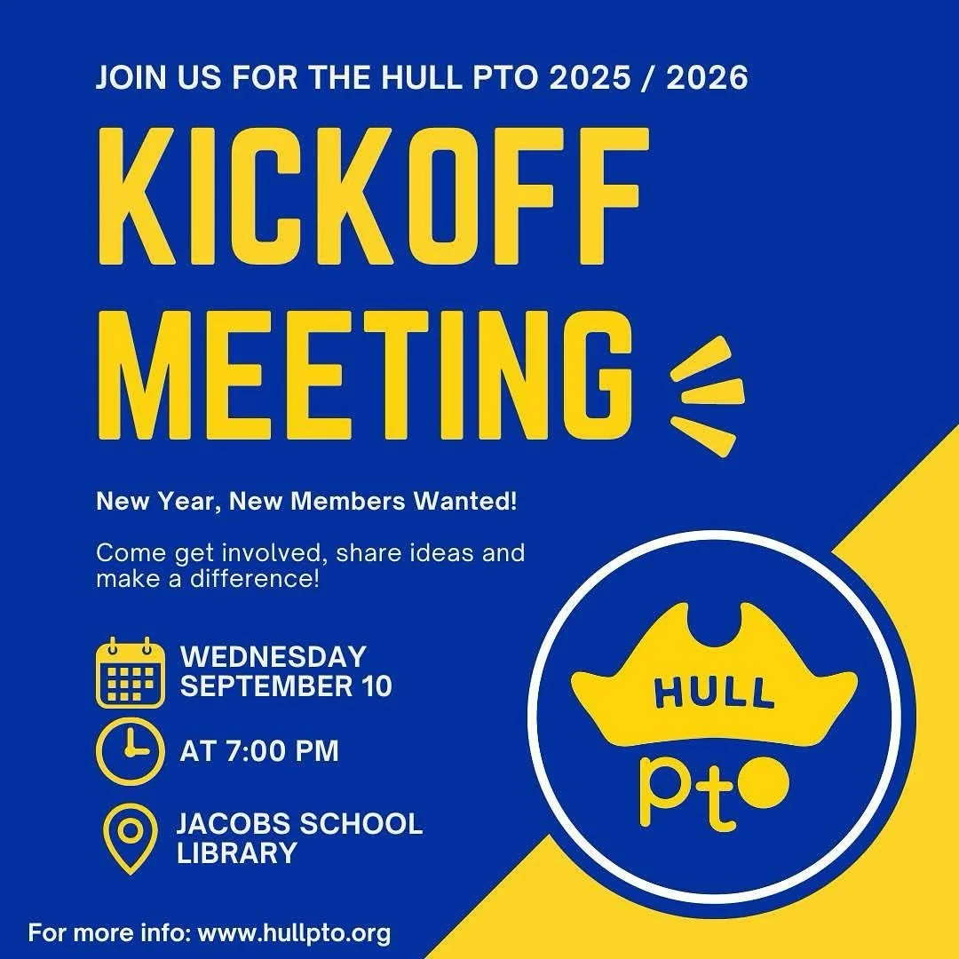 📚✨ PTO Kickoff Meeting! ✨📚

Join us for the first Hull PTO meeting of the year!
📆 Wednesday, September 10th
⏰ 7:00 PM
📍 Jacobs School Library

💙 A HUGE thank you to our outgoing Executive Board Members, Renee Kiley and Carolyn Reynolds, for thei