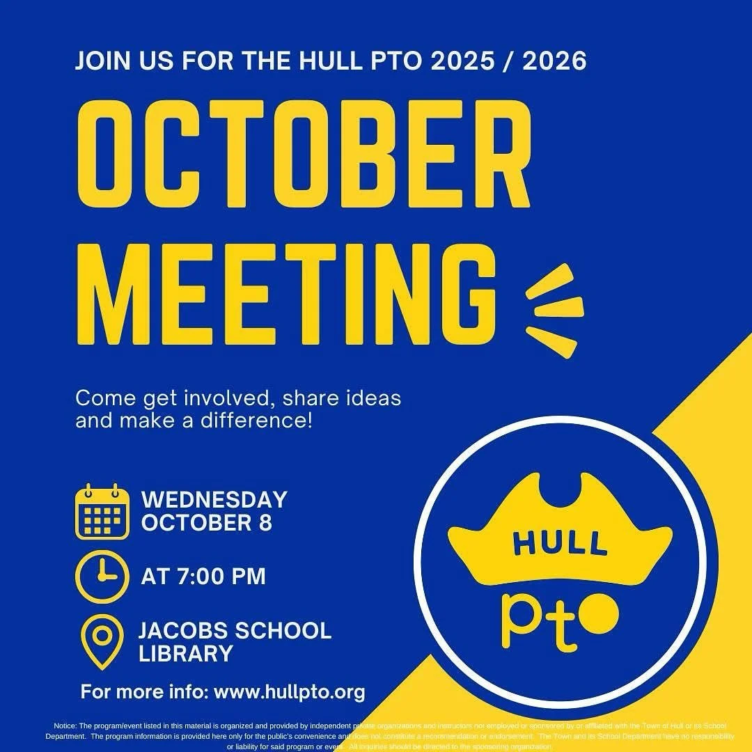 📚 Hull PTO October Meeting 📚

Join us for our next PTO Meeting!
📆 Wednesday, October 8th
⏰ 7:00 PM
📍 Jacobs School Library

Come check us out, meet other parents, and find out how you can get involved in making a difference in our school communit