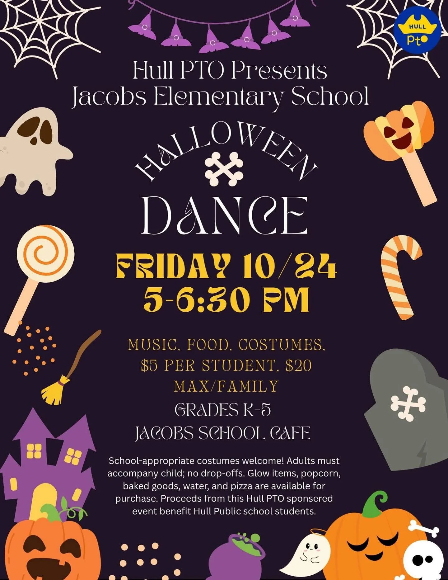 🎃👻 Let&rsquo;s dance, Hull! 👻🎃

The Hull PTO Halloween Dance is back for grades K&ndash;5!
📅 Fri, Oct 24 | 5&ndash;6:30 PM
📍 Jacobs School Caf&eacute;

✨ Costumes welcome
✨ Music, treats &amp; spooky fun!

⚠️ Not a drop-off &mdash; a parent/gua