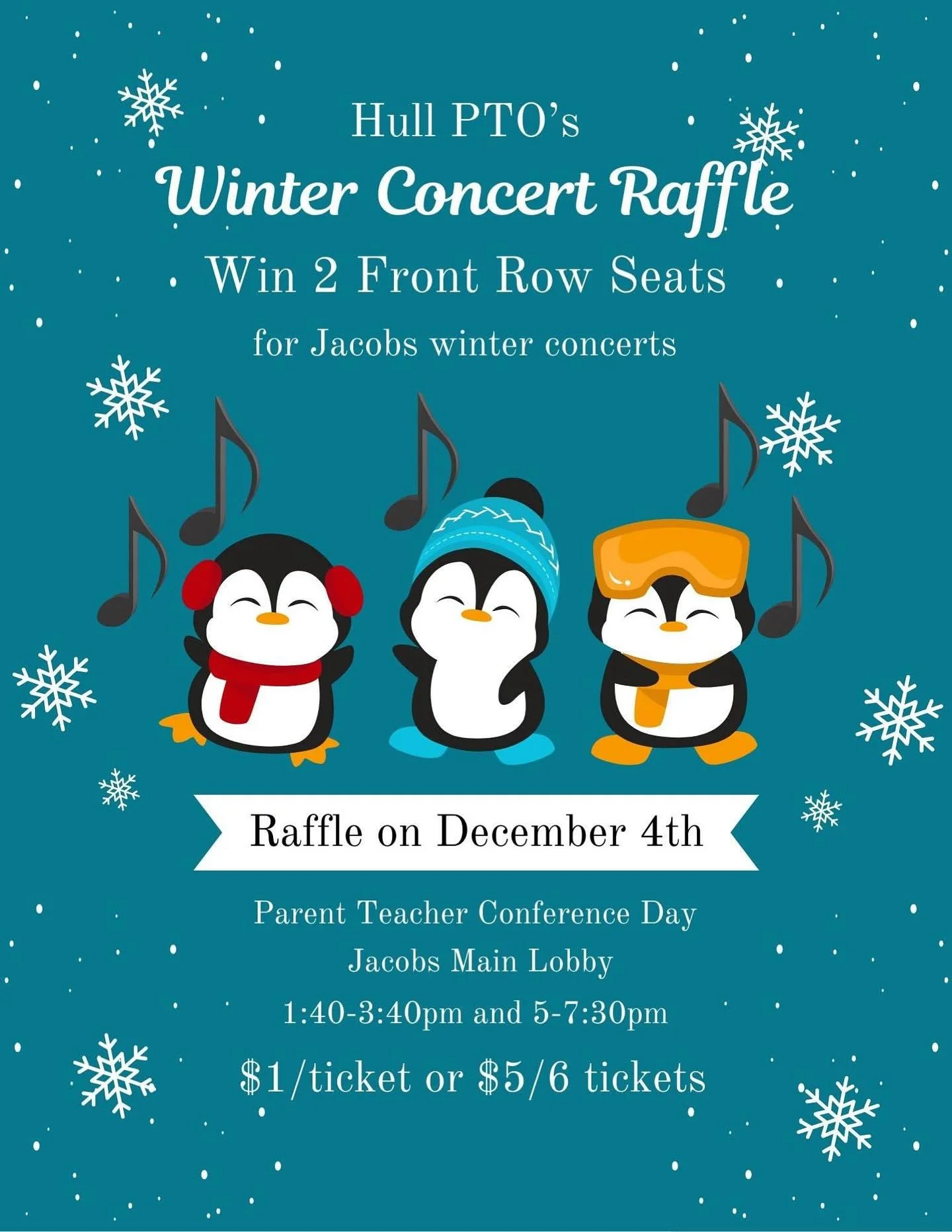 ❄️🎶 Hull PTO Winter Concert Raffle! ❄️🎶 
Win 2 reserved front-row seats at one of this year&rsquo;s Winter Concerts!

We will be raffling off three front-row prize packages:
&bull; JES Morning Concert (PreK, K, 1 &amp; 2) &ndash; January 27
&bull; 