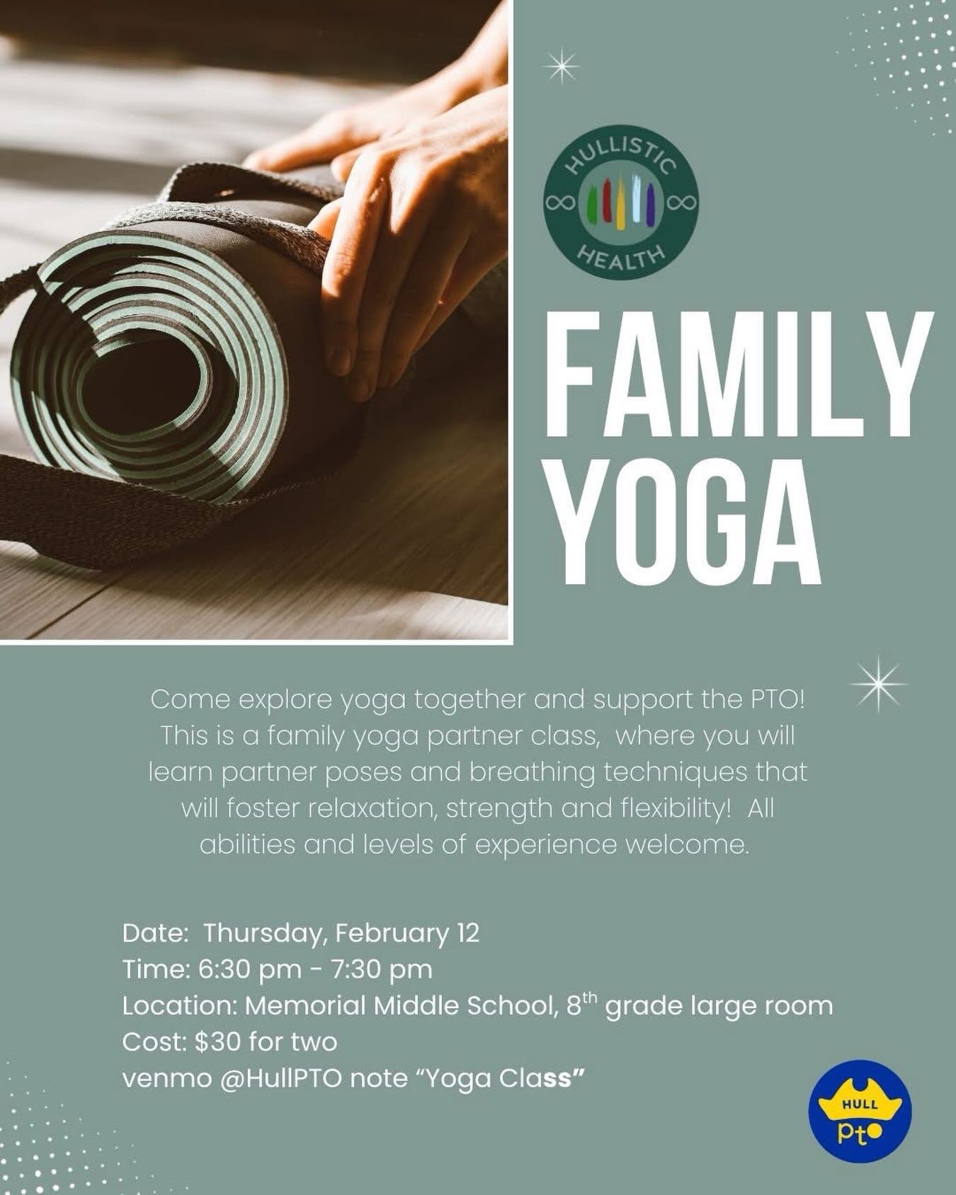 Family Yoga Night &mdash; Support the PTO!

Come explore yoga together and support the Hull PTO.
This family yoga partner class is a fun, relaxing way to connect while learning partner poses and breathing techniques that build relaxation, strength, a