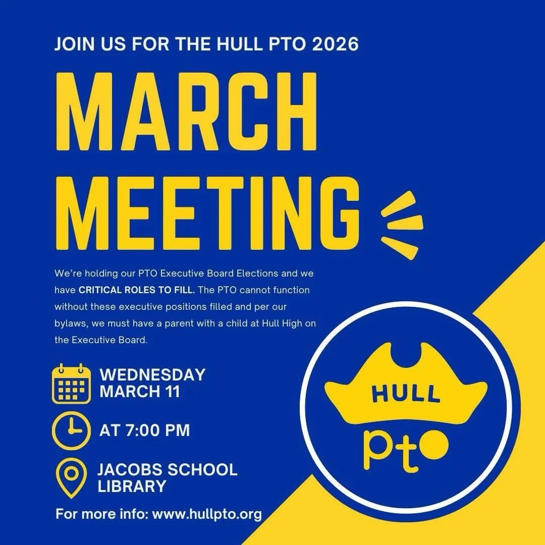 🚨 Hull PTO Needs YOU! 🚨

📅 Wednesday, March 11 |  7:00 PM | Jacobs School Library

We&rsquo;re holding our PTO Executive Board Elections  and we have CRITICAL ROLES TO FILL. ⚠️ The PTO cannot function without these executive positions filled and p